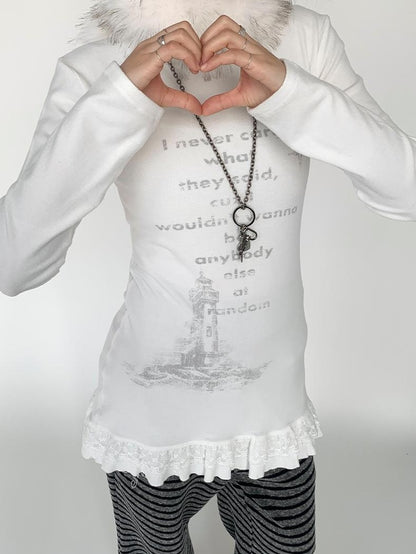 Lace Trim Floral Print Slim Long Sleeve T-shirt Dresses