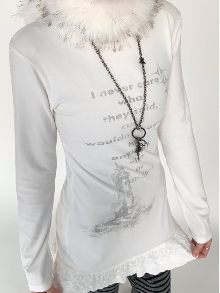 Lace Trim Floral Print Slim Long Sleeve T-shirt Dresses