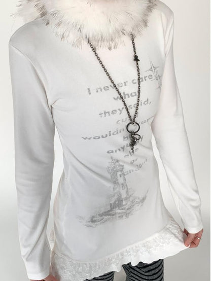 Lace Trim Floral Print Slim Long Sleeve T-shirt Dresses