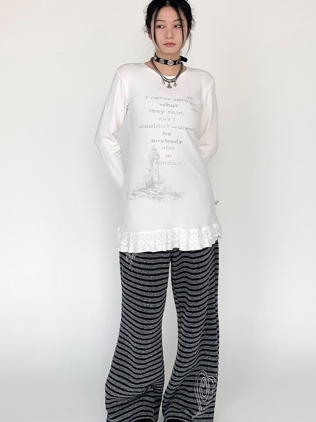 Lace Trim Floral Print Slim Long Sleeve T-shirt Dresses