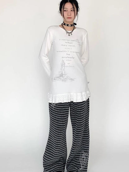 Lace Trim Floral Print Slim Long Sleeve T-Shirt Dresses