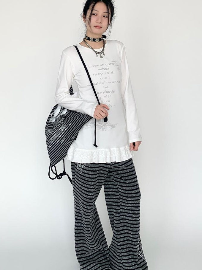 Lace Trim Floral Print Slim Long Sleeve T-shirt Dresses