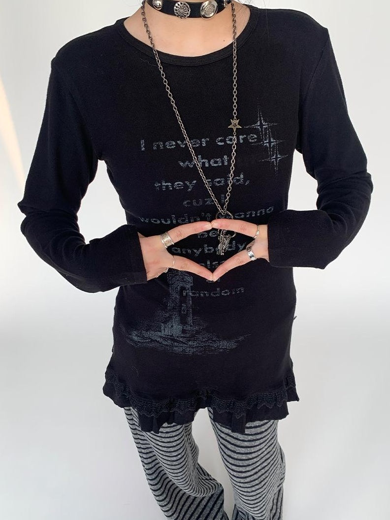 Lace Trim Floral Print Slim Long Sleeve T-shirt Dresses