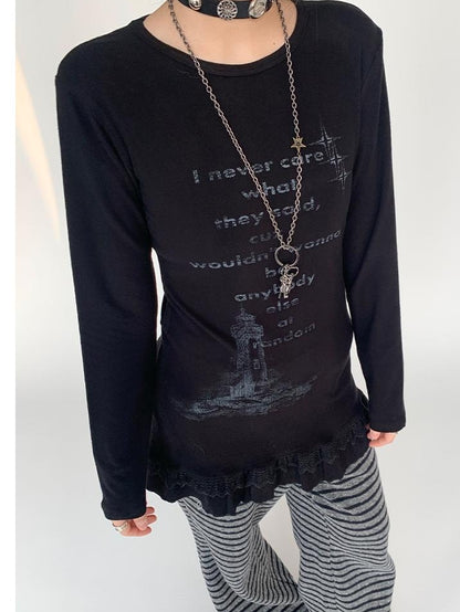 Lace Trim Floral Print Slim Long Sleeve T-shirt Dresses