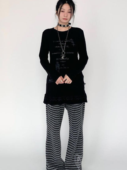 Lace Trim Floral Print Slim Long Sleeve T-shirt Dresses
