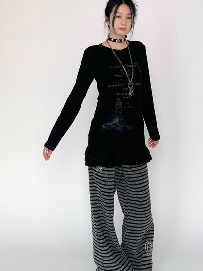 Lace Trim Floral Print Slim Long Sleeve T-shirt Dresses