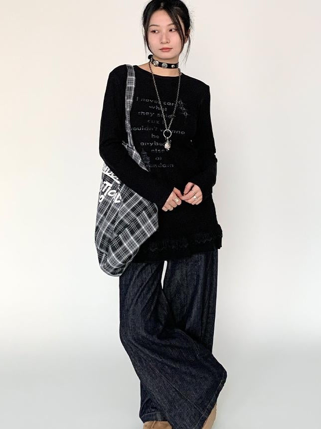 Lace Trim Floral Print Slim Long Sleeve T-shirt Dresses
