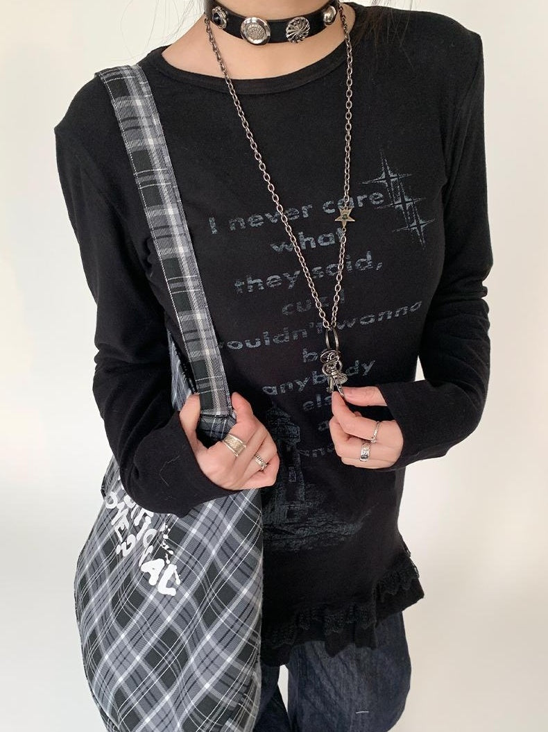 Lace Trim Floral Print Slim Long Sleeve T-shirt Dresses