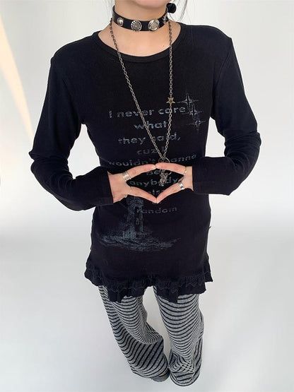 Lace Trim Floral Print Slim Long Sleeve T-shirt Dresses
