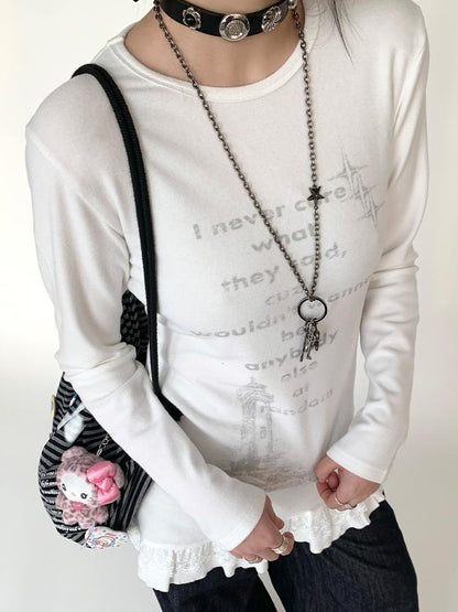Lace Trim Floral Print Slim Long Sleeve T-shirt Dresses