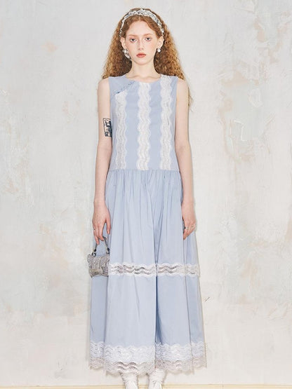 DIDDI MODA Lace Trimmed Asymmetrical Mandarin Collar Maxi Dress