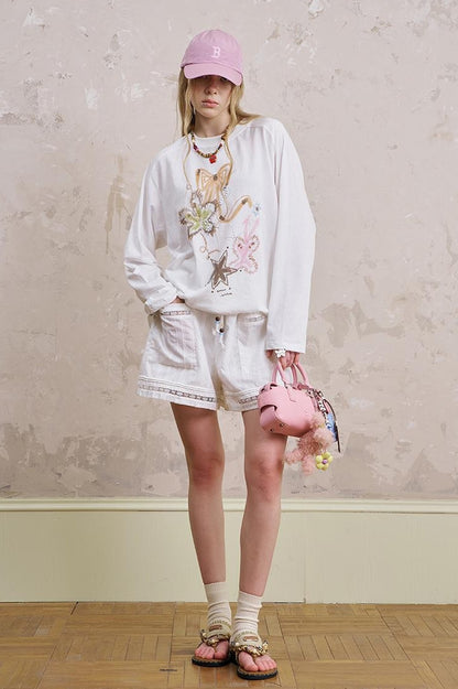 DIDDI MODA Lace Trimmed Cotton Shorts With Adjustable Drawstring