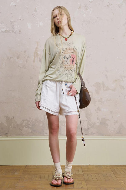 DIDDI MODA Lace Trimmed Cotton Shorts With Adjustable Drawstring