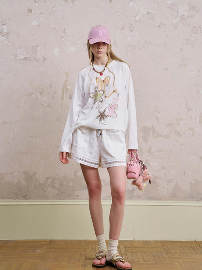 DIDDI MODA Lace Trimmed Cotton Shorts With Adjustable Drawstring