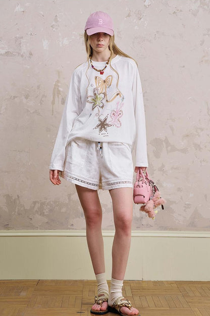 DIDDI MODA Lace Trimmed Cotton Shorts With Adjustable Drawstring