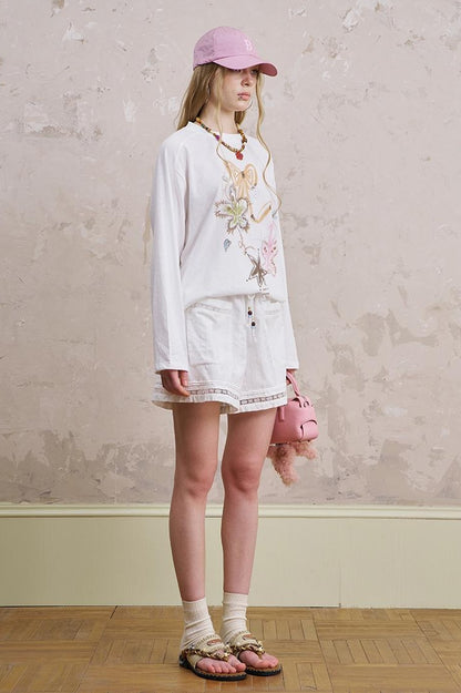 DIDDI MODA Lace Trimmed Cotton Shorts With Adjustable Drawstring