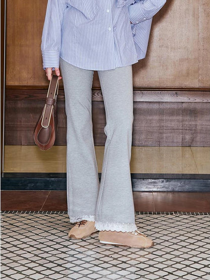 Lace Trimmed Embroidered Knit Flared Pants With Layered Design