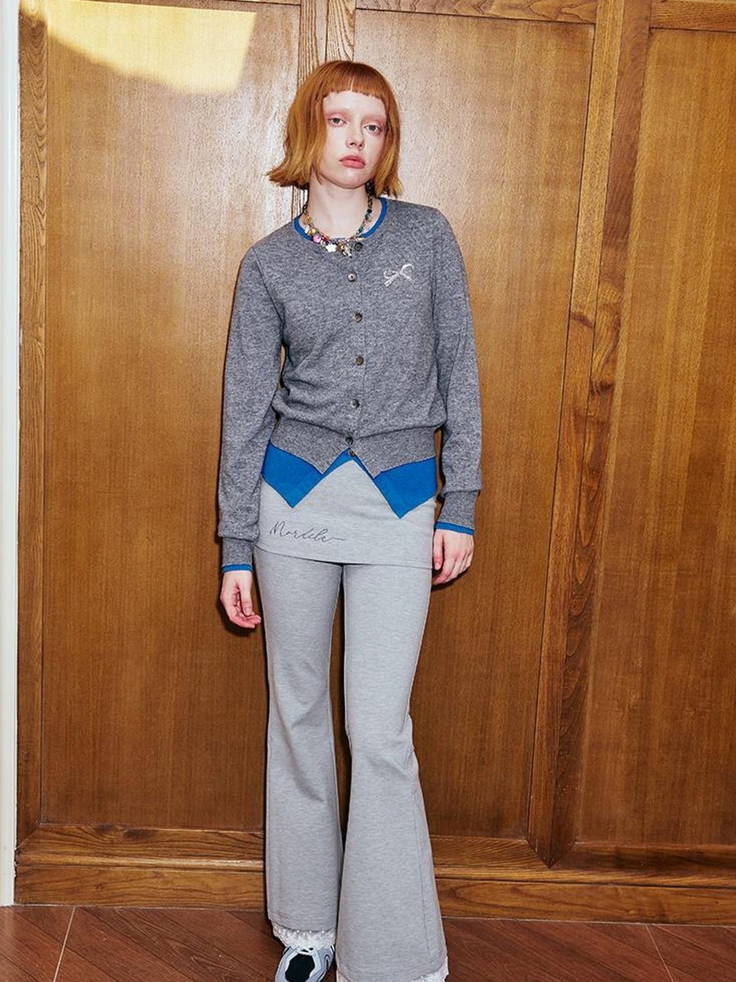 DIDDI MODA Lace Trimmed Embroidered Knit Flared Pants With Layered Design