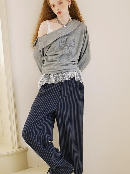 DIDDI MODA Lace Trimmed Flowy Straight Leg Trousers