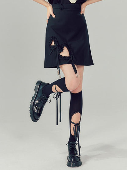 DIDDI MODA Lace Trimmed Hollow Heart A Line Mini Skirt