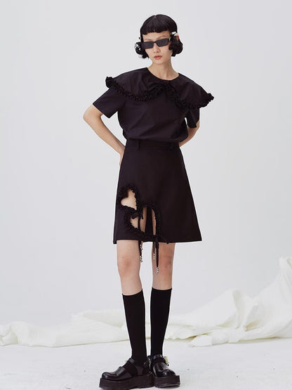 DIDDI MODA Lace Trimmed Hollow Heart A Line Mini Skirt