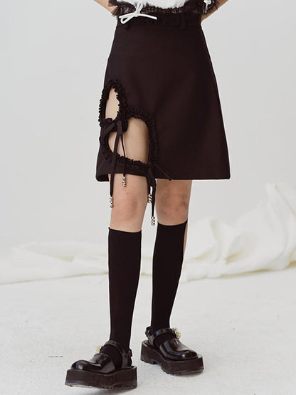 DIDDI MODA Lace Trimmed Hollow Heart A Line Mini Skirt