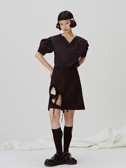 DIDDI MODA Lace Trimmed Hollow Heart A Line Mini Skirt