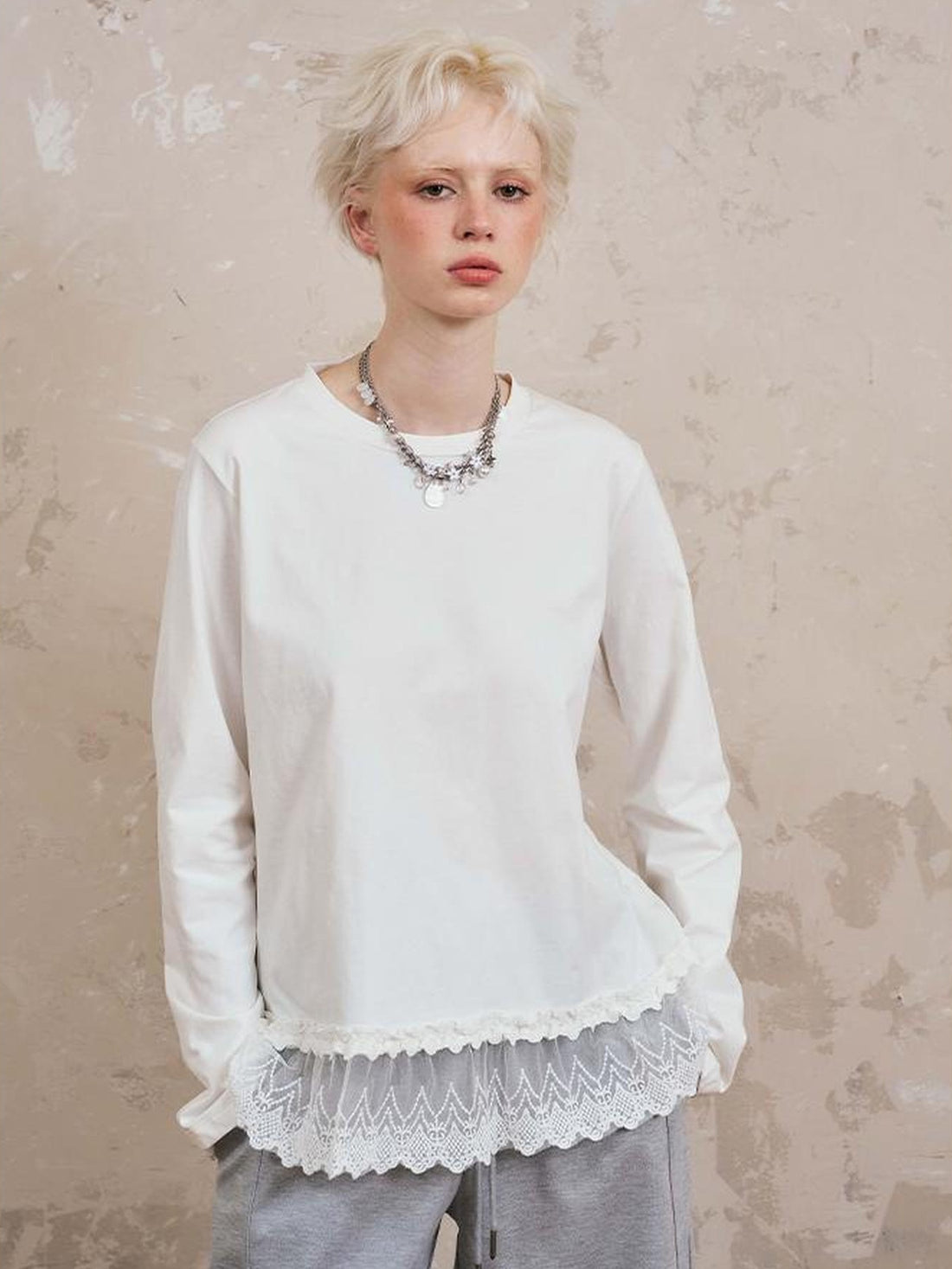 DIDDI MODA Lace Trimmed Layered Oversized Cotton Tee