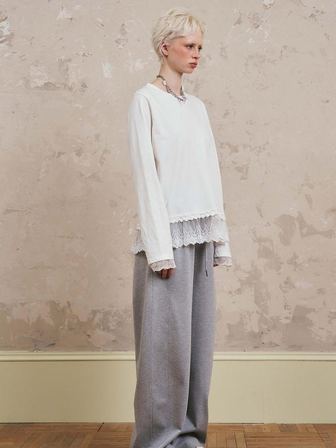DIDDI MODA Lace Trimmed Layered Oversized Cotton Tee