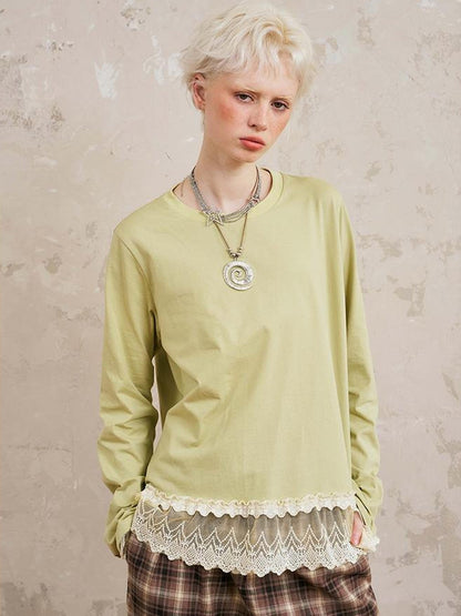 DIDDI MODA Lace Trimmed Layered Oversized Cotton Tee
