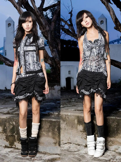Lace Trimmed Low Waist Sunset Silhouette Dress
