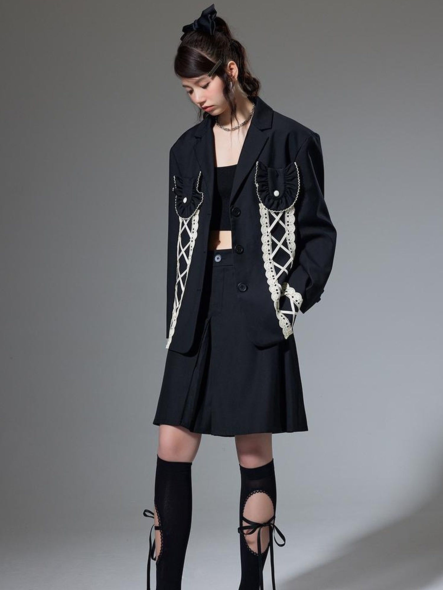 DIDDI MODA Lace Trimmed Peplum Blazer With Pearl Buttons