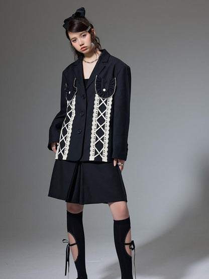 DIDDI MODA Lace Trimmed Peplum Blazer With Pearl Buttons
