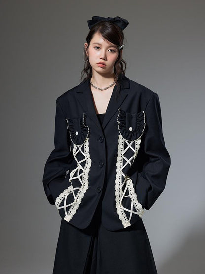 DIDDI MODA Lace Trimmed Peplum Blazer With Pearl Buttons