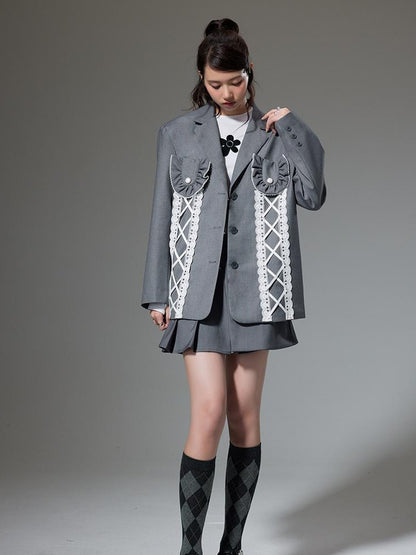 DIDDI MODA Lace Trimmed Peplum Blazer With Pearl Buttons