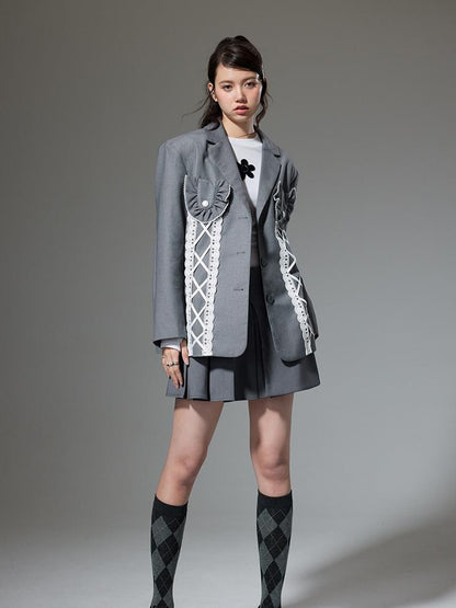 DIDDI MODA Lace Trimmed Peplum Blazer With Pearl Buttons