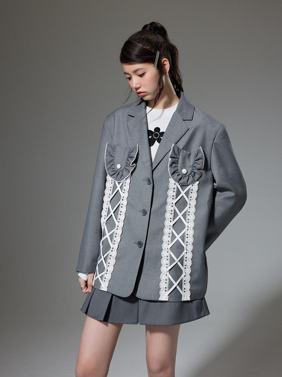 DIDDI MODA Lace Trimmed Peplum Blazer With Pearl Buttons