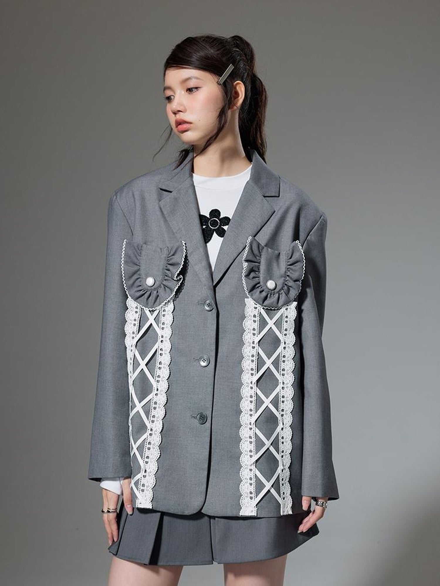 DIDDI MODA Lace Trimmed Peplum Blazer With Pearl Buttons