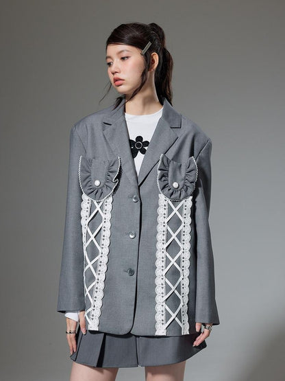 DIDDI MODA Lace Trimmed Peplum Blazer With Pearl Buttons