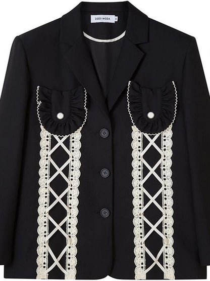 DIDDI MODA Lace Trimmed Peplum Blazer With Pearl Buttons