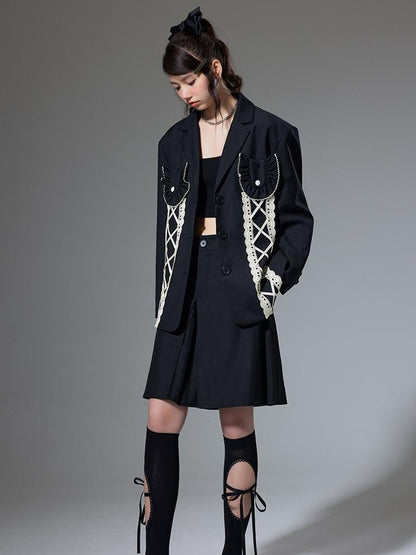 DIDDI MODA Lace Trimmed Peplum Blazer With Pearl Buttons