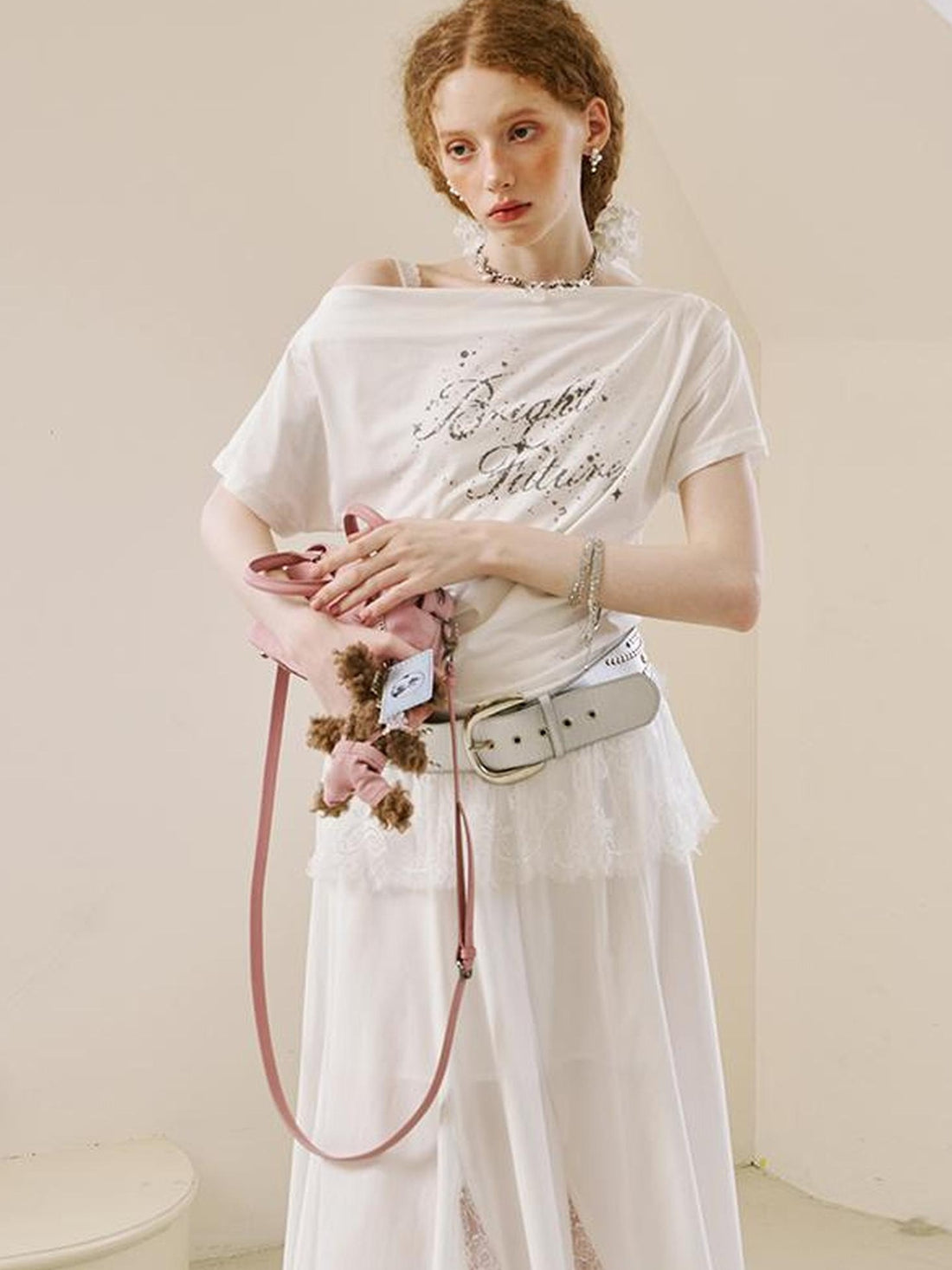 DIDDI MODA Lace Trimmed Pleated Tee Embroidered Mesh Skirt Set