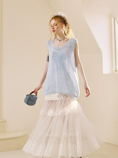 DIDDI MODA Lace Trimmed Pleated Tee Embroidered Mesh Skirt Set