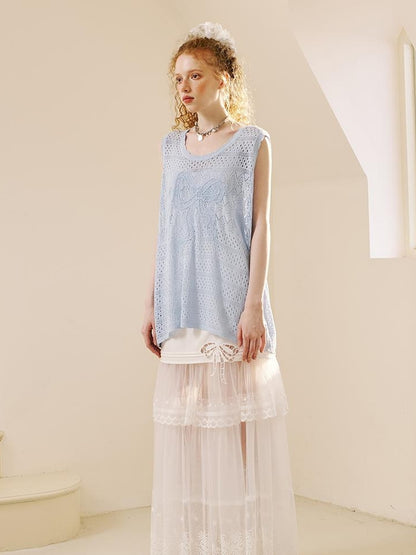 DIDDI MODA Lace Trimmed Pleated Tee Embroidered Mesh Skirt Set