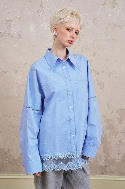 DIDDI MODA Lace Trimmed Relaxed Cotton Shirt With Floral Hem Detail