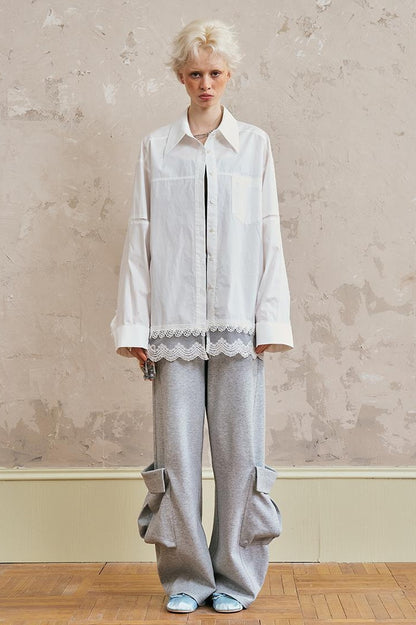 DIDDI MODA Lace Trimmed Relaxed Cotton Shirt With Floral Hem Detail