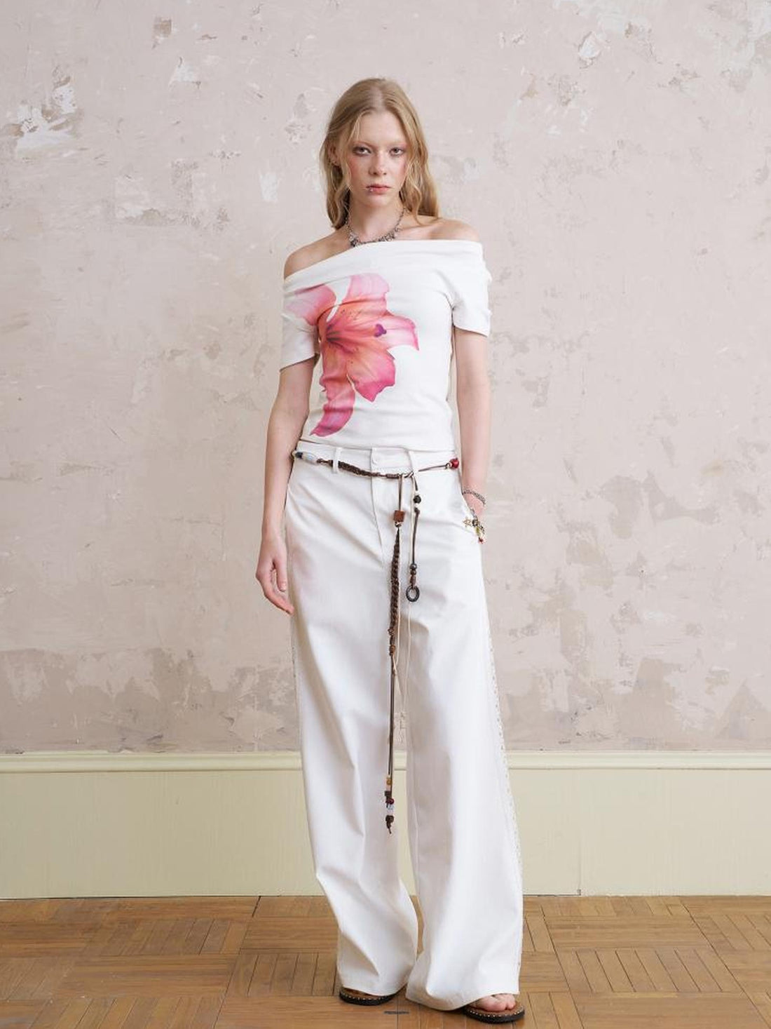 DIDDI MODA Lace Trimmed Relaxed Wide Leg Pants