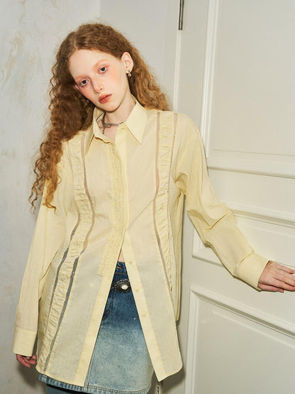DIDDI MODA Lace Trimmed Sheer Ruffle Blouse