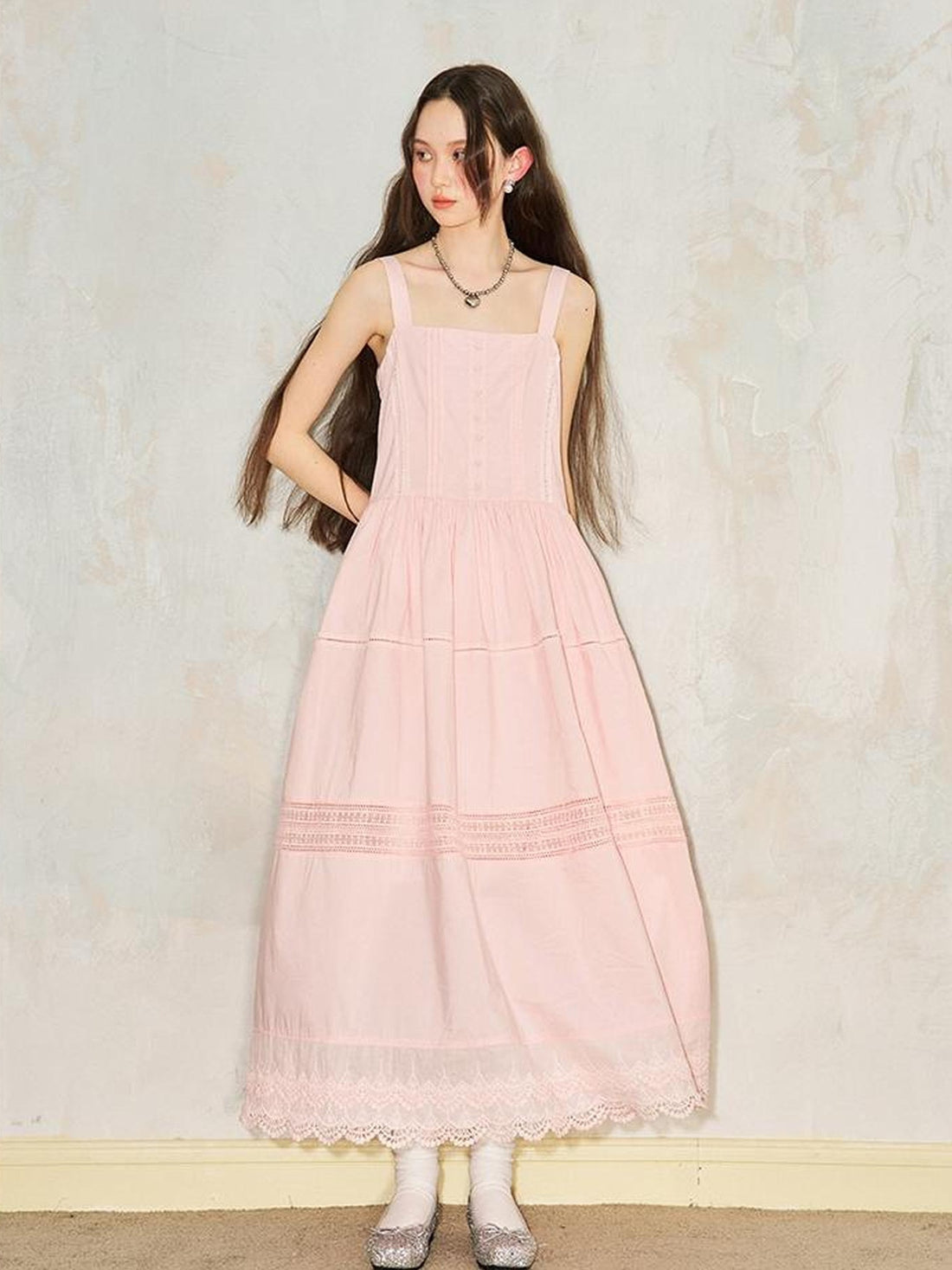 DIDDI MODA Lace Trimmed Square Neck A Line Sundress