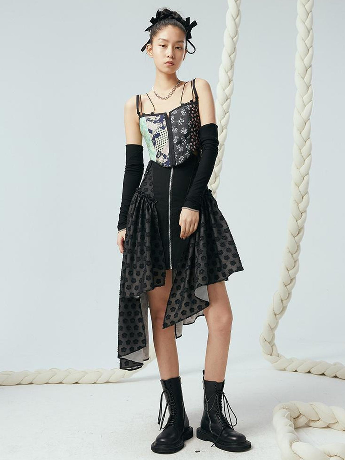 DIDDI MODA Lace Up Floral Jacquard Corset Top